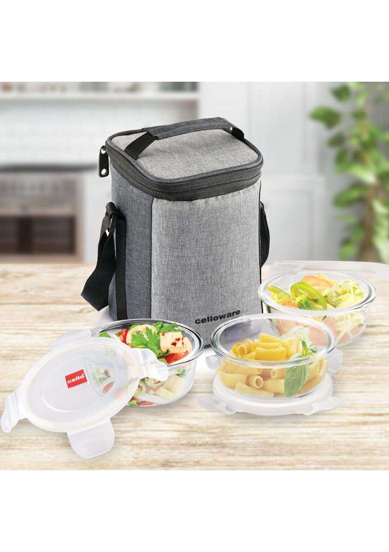 CELLO Delighta Round Borosilicate Glass Lunch Box with Jacket | 400 ml | 13.5 fl oz | 3-Piece Set | Microwave Safe | Leak Proof - Indya