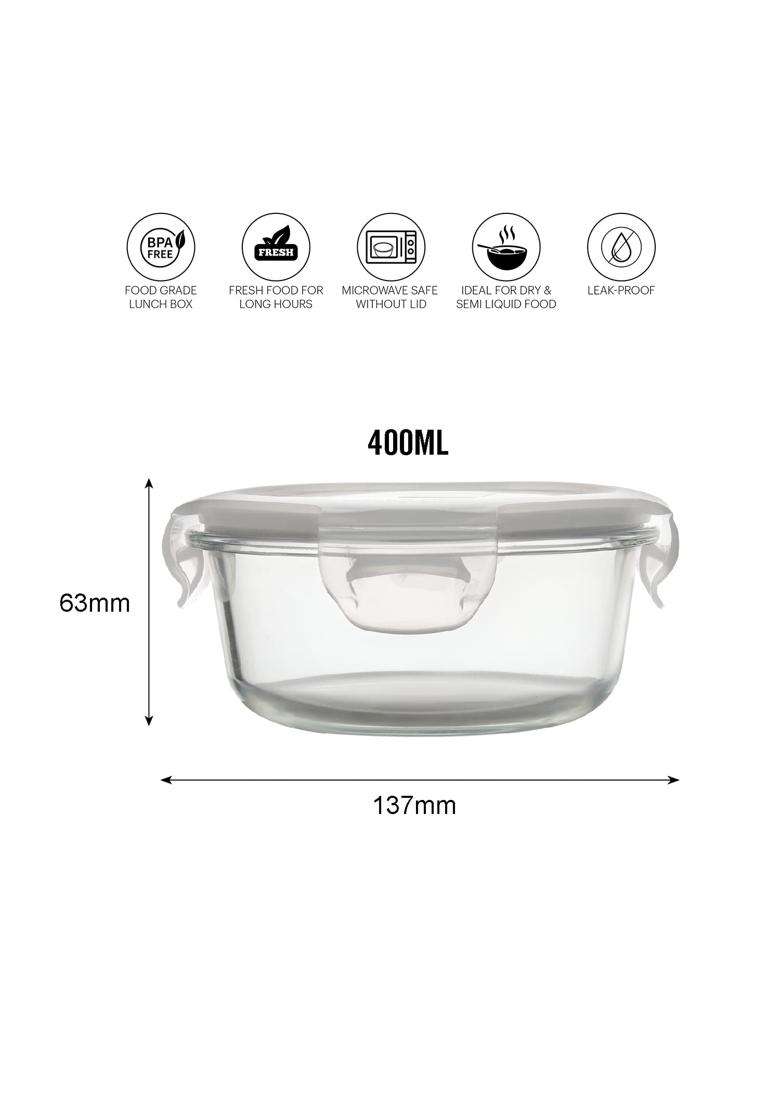 CELLO Delighta Round Borosilicate Glass Lunch Box with Jacket | 400 ml | 13.5 fl oz | 3-Piece Set | Microwave Safe | Leak Proof - Indya