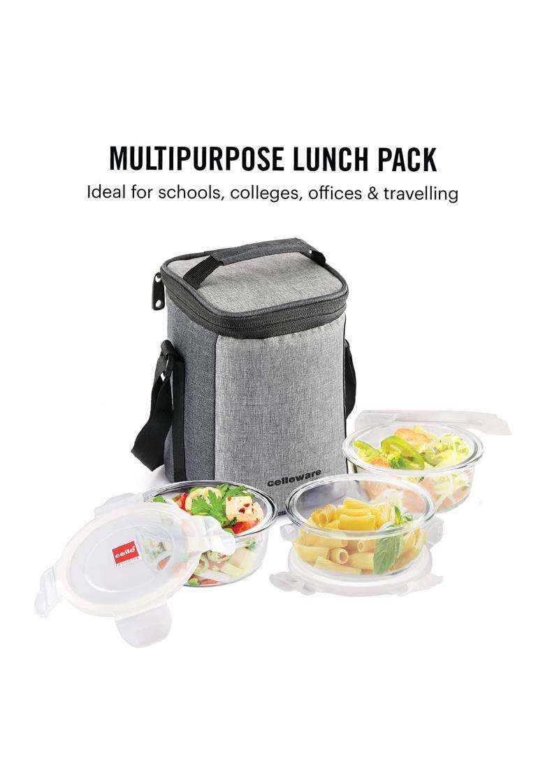 CELLO Delighta Round Borosilicate Glass Lunch Box with Jacket | 400 ml | 13.5 fl oz | 3-Piece Set | Microwave Safe | Leak Proof - Indya