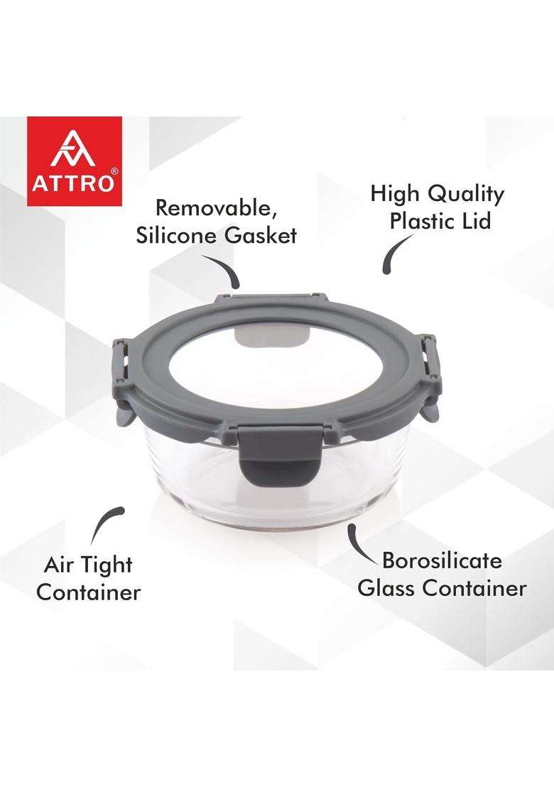ATTRO Glassox Borosilicate Round Glass Lunch Box with Tempered Glass Lid Food Storage | 400 ml | 13.5 fl oz | Microwave Safe | Leak Proof | Food Safe - Indya