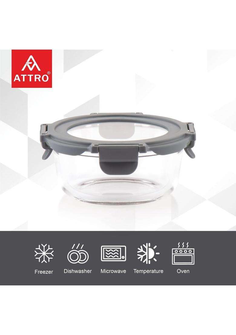 ATTRO Glassox Borosilicate Round Glass Lunch Box with Tempered Glass Lid Food Storage | 400 ml | 13.5 fl oz | Microwave Safe | Leak Proof | Food Safe - Indya