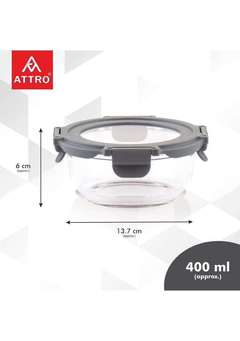 ATTRO Glassox Borosilicate Round Glass Lunch Box with Tempered Glass Lid Food Storage | 400 ml | 13.5 fl oz | Microwave Safe | Leak Proof | Food Safe - Indya