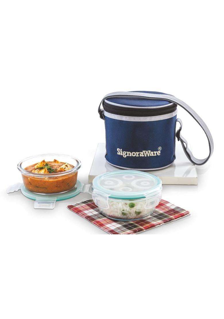 SIGNORA WARE Executive Borosilicate Glass Lunch Box with Bag | 400 ml | 13.5 fl oz | Dishwasher Safe | Microwave Safe | Leak Proof | Food Safe - Indya