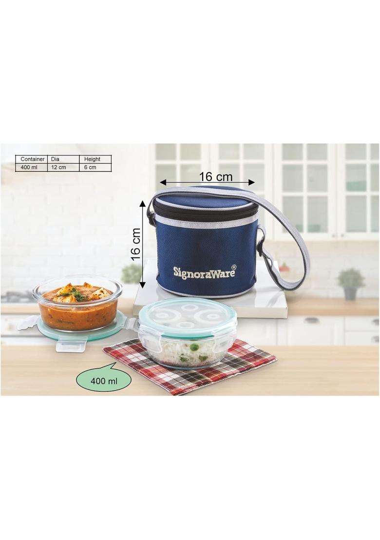 SIGNORA WARE Executive Borosilicate Glass Lunch Box with Bag | 400 ml | 13.5 fl oz | Dishwasher Safe | Microwave Safe | Leak Proof | Food Safe - Indya