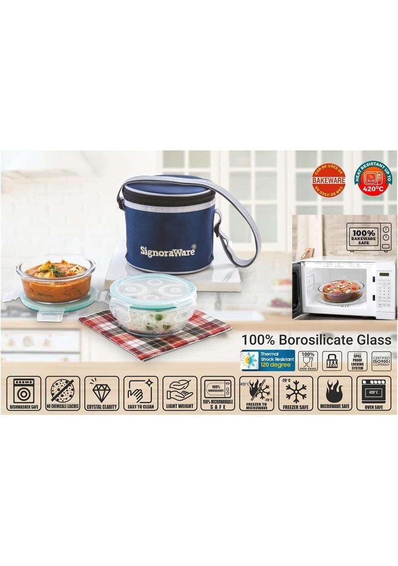 SIGNORA WARE Executive Borosilicate Glass Lunch Box with Bag | 400 ml | 13.5 fl oz | Dishwasher Safe | Microwave Safe | Leak Proof | Food Safe - Indya