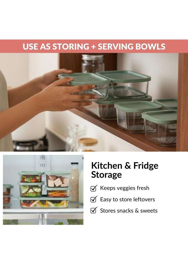 Nestasia Groovo Glass Containers for Fridge Storage | 310 ml | 10.5 fl oz | 6-Piece Set | Dishwasher Safe | Microwave Safe | With Lid - Indya