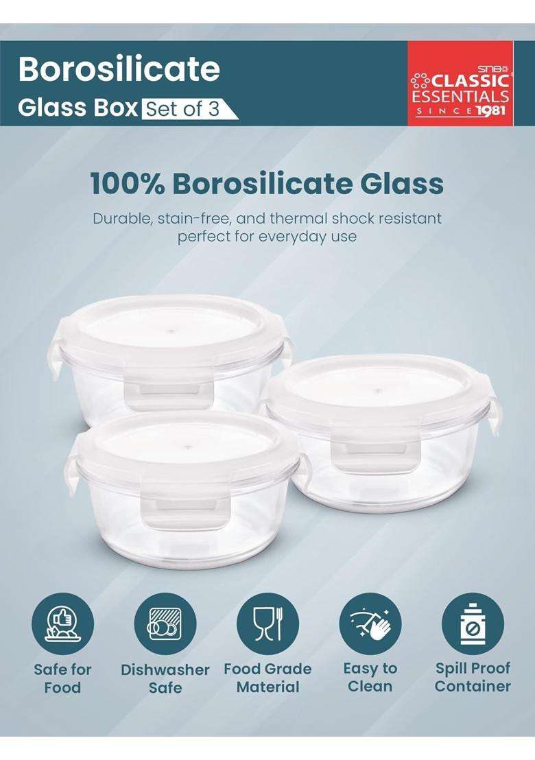 CLASSIC ESSENTIALS Borosilicate Glass Lunch Box | 400 ml | 13.5 fl oz | 3-Piece Set | Dishwasher Safe | Microwave Safe | Leak Proof - Indya