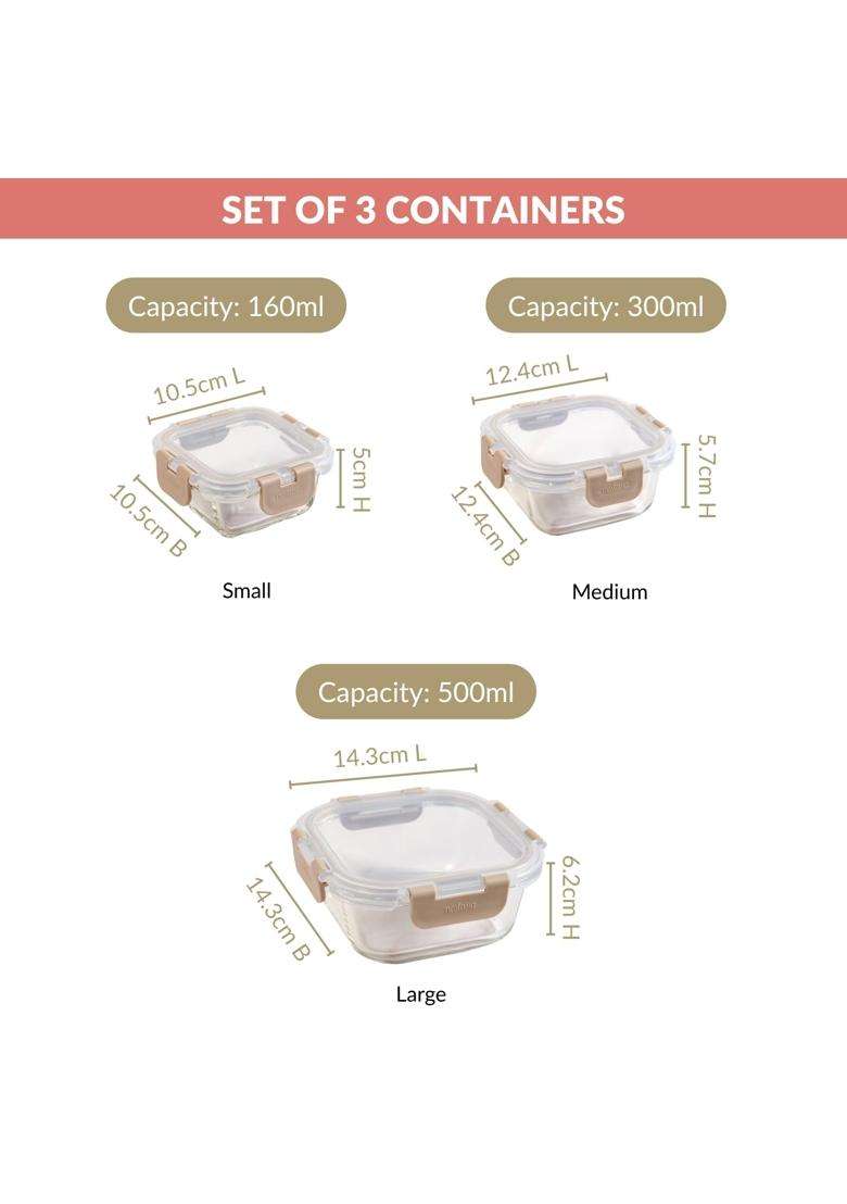 Nestasia Nestro Airtight Glass Containers with Lid | 160 ml | 5.4 fl oz | 3-Piece Set | Dishwasher Safe | Microwave Safe - Indya