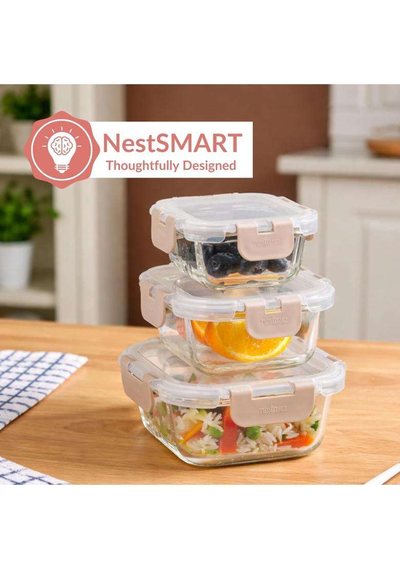 Nestasia Nestro Airtight Glass Containers with Lid | 160 ml | 5.4 fl oz | 3-Piece Set | Dishwasher Safe | Microwave Safe - Indya