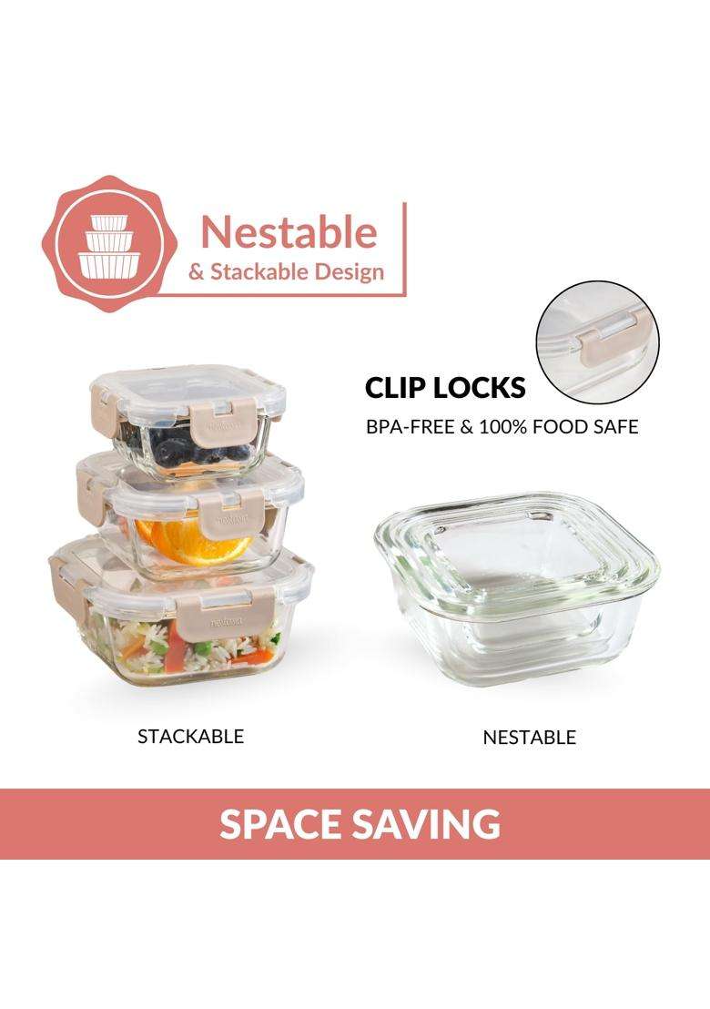 Nestasia Nestro Airtight Glass Containers with Lid | 160 ml | 5.4 fl oz | 3-Piece Set | Dishwasher Safe | Microwave Safe - Indya