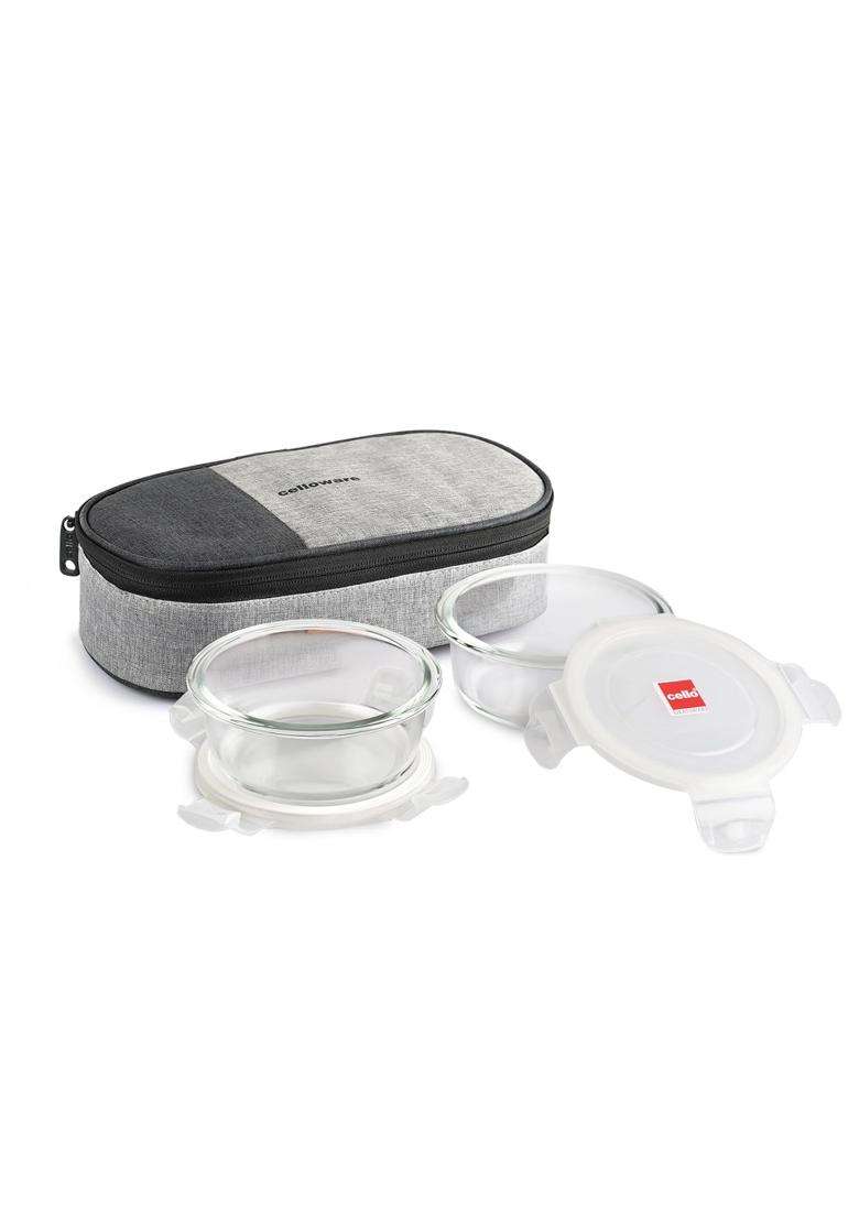 CELLO Delighta Round Borosilicate Glass Lunch Box with Jacket | 400 ml | 13.5 fl oz | 2-Piece Set | Microwave Safe | Leak Proof - Indya