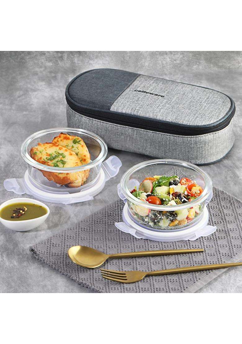 CELLO Delighta Round Borosilicate Glass Lunch Box with Jacket | 400 ml | 13.5 fl oz | 2-Piece Set | Microwave Safe | Leak Proof - Indya