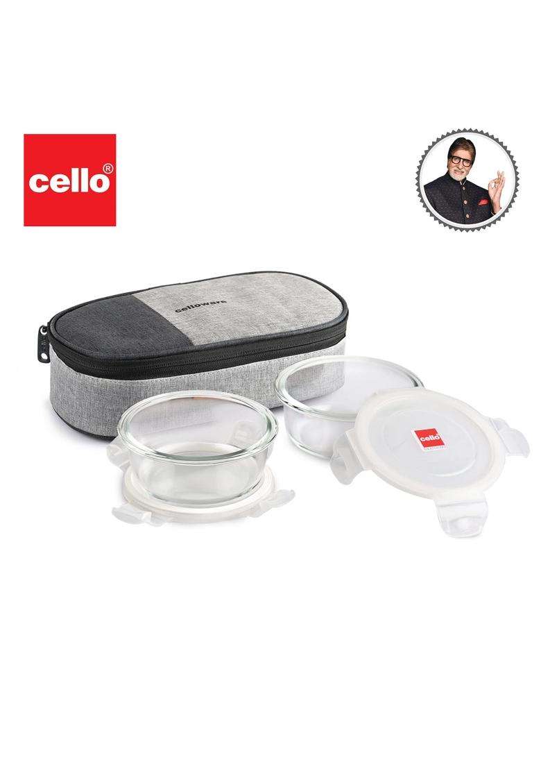 CELLO Delighta Round Borosilicate Glass Lunch Box with Jacket | 400 ml | 13.5 fl oz | 2-Piece Set | Microwave Safe | Leak Proof - Indya