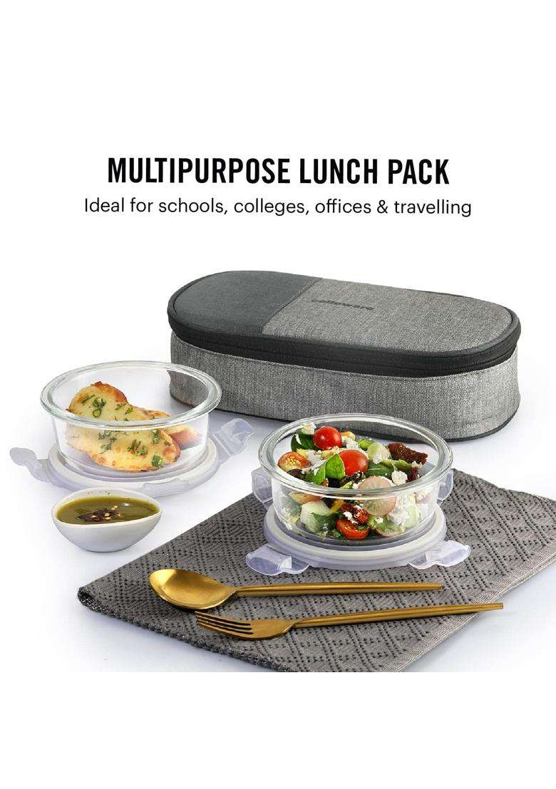 CELLO Delighta Round Borosilicate Glass Lunch Box with Jacket | 400 ml | 13.5 fl oz | 2-Piece Set | Microwave Safe | Leak Proof - Indya