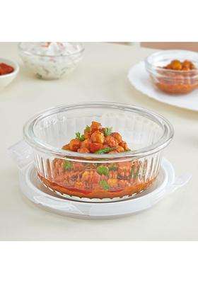 Borosil Fluted Klip N Store Round Food Storage Container with Air Tight Glass Lid | 400 ml | 13.5 fl oz | Dishwasher Safe | Microwave Safe