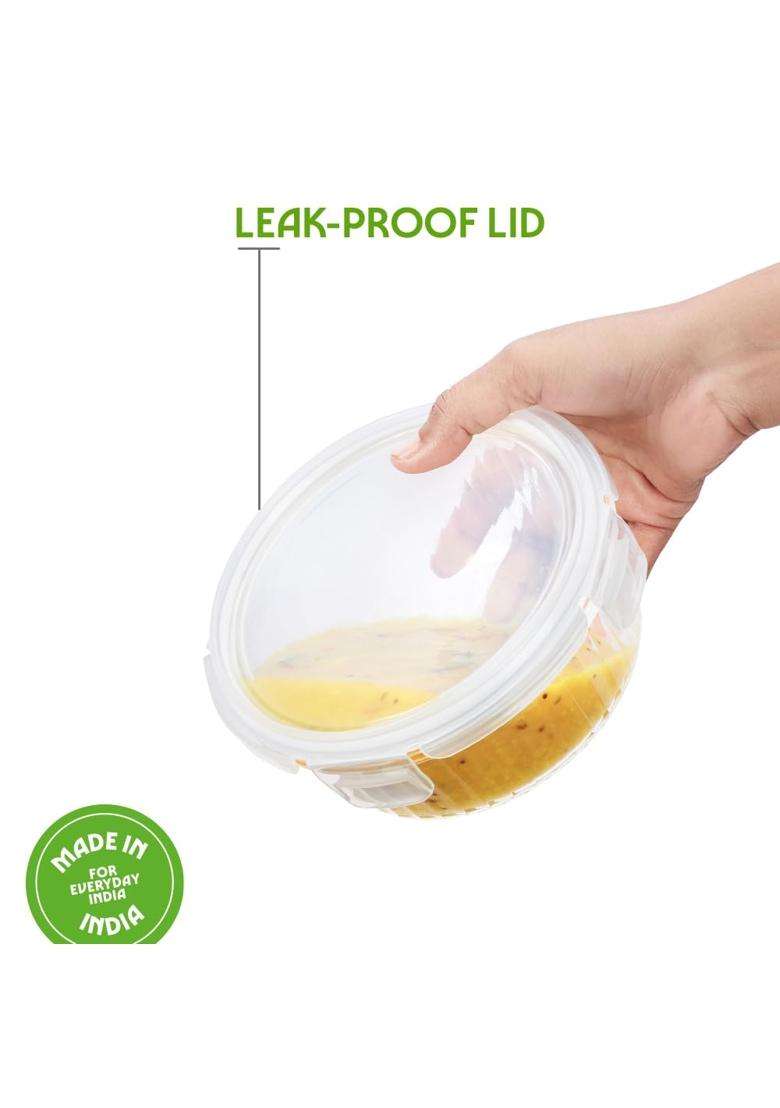 Borosil Fluted Klip N Store Round Food Storage Container with Air Tight Glass Lid | 400 ml | 13.5 fl oz | Dishwasher Safe | Microwave Safe - Indya