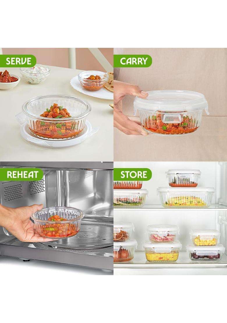 Borosil Fluted Klip N Store Round Food Storage Container with Air Tight Glass Lid | 400 ml | 13.5 fl oz | Dishwasher Safe | Microwave Safe - Indya