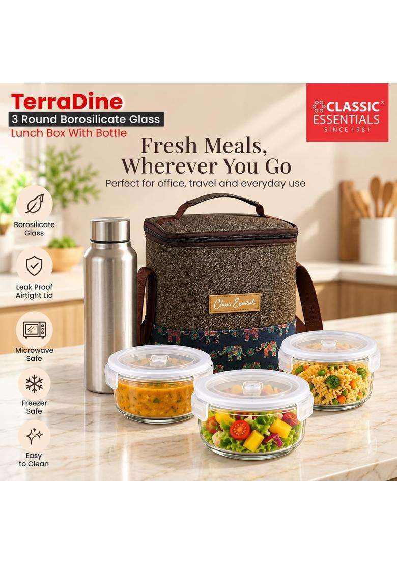 CLASSIC ESSENTIALS TerraDine Borosilicate Glass Microwave Safe Lunch Box | 400 ml | 13.5 fl oz | 3-Piece Set | Leak Proof | With Lid - Indya