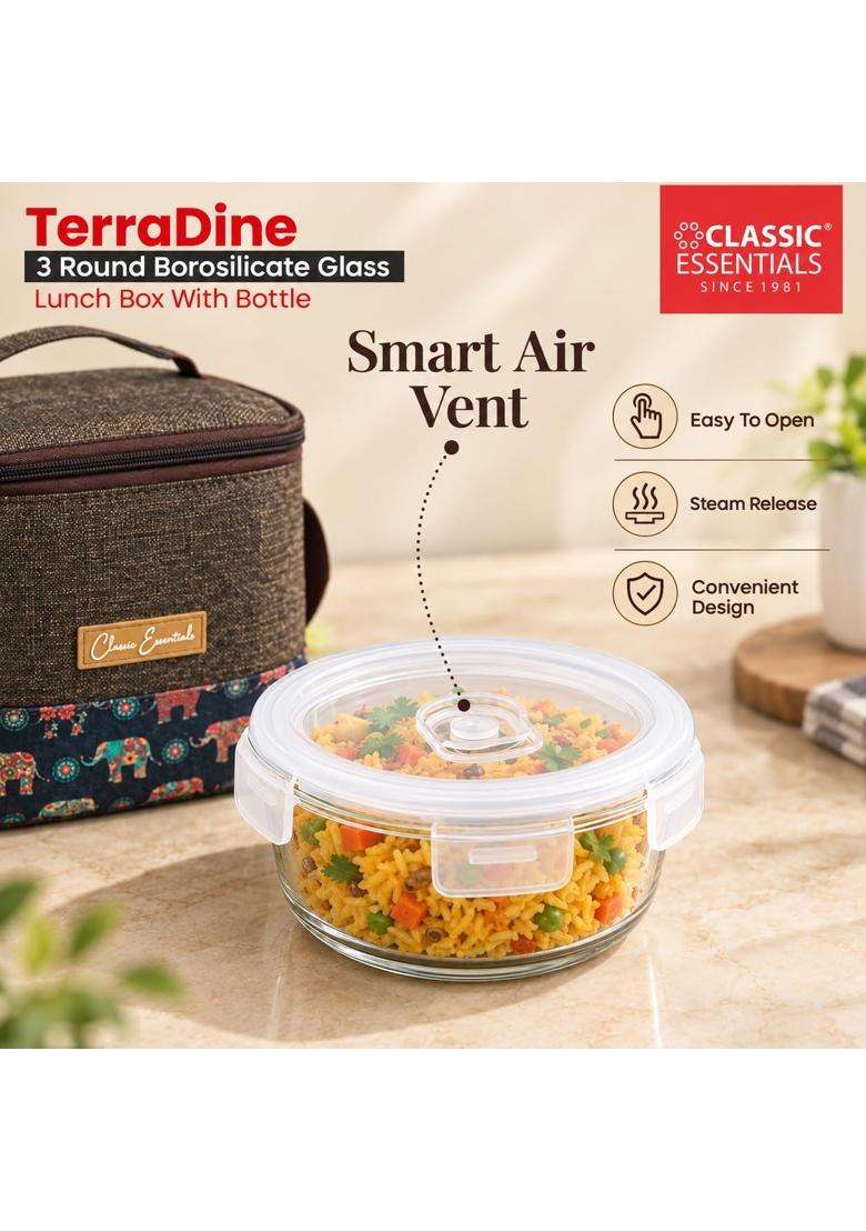 CLASSIC ESSENTIALS TerraDine Borosilicate Glass Microwave Safe Lunch Box | 400 ml | 13.5 fl oz | 3-Piece Set | Leak Proof | With Lid - Indya