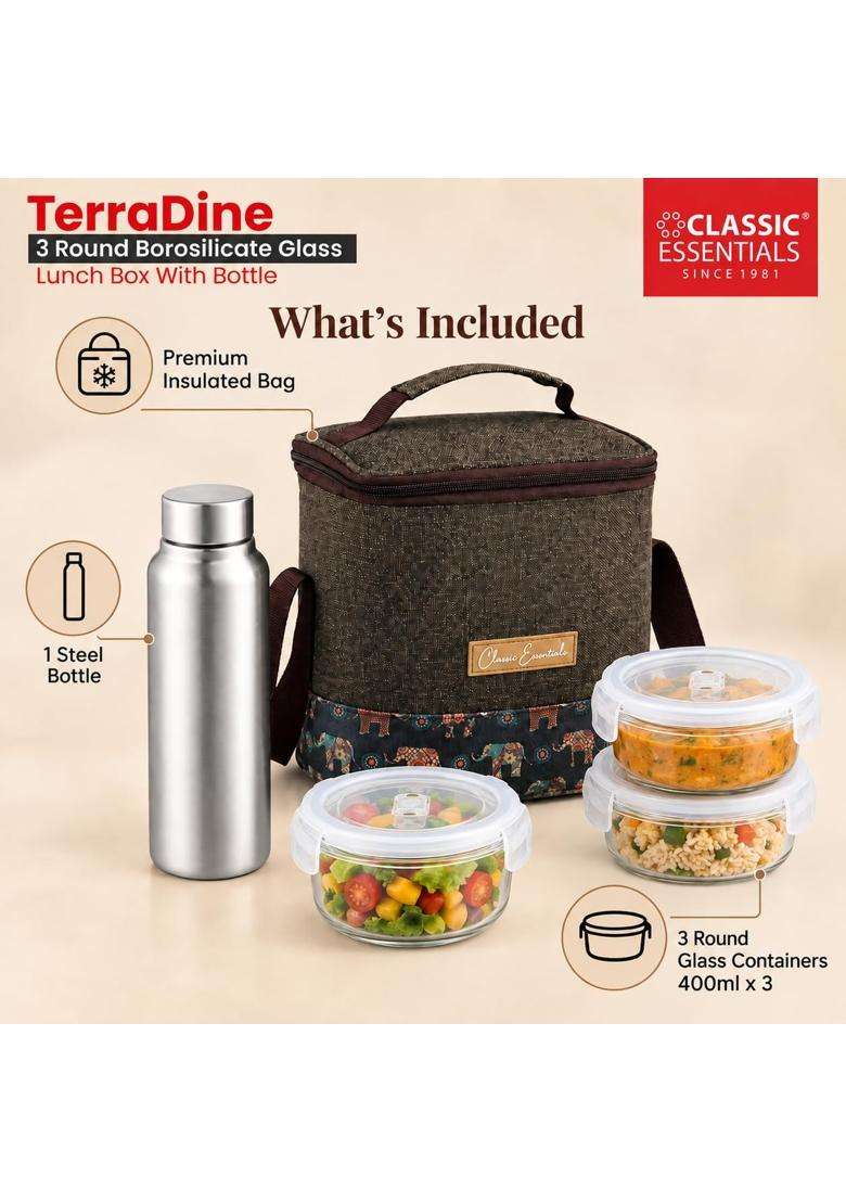 CLASSIC ESSENTIALS TerraDine Borosilicate Glass Microwave Safe Lunch Box | 400 ml | 13.5 fl oz | 3-Piece Set | Leak Proof | With Lid - Indya