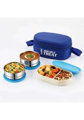 CELLO Double Treat Pcs Lunch Box for Office Use with Jacket Blue | 300 ml | 10.1 fl oz | 3-Piece Set | Leak Proof