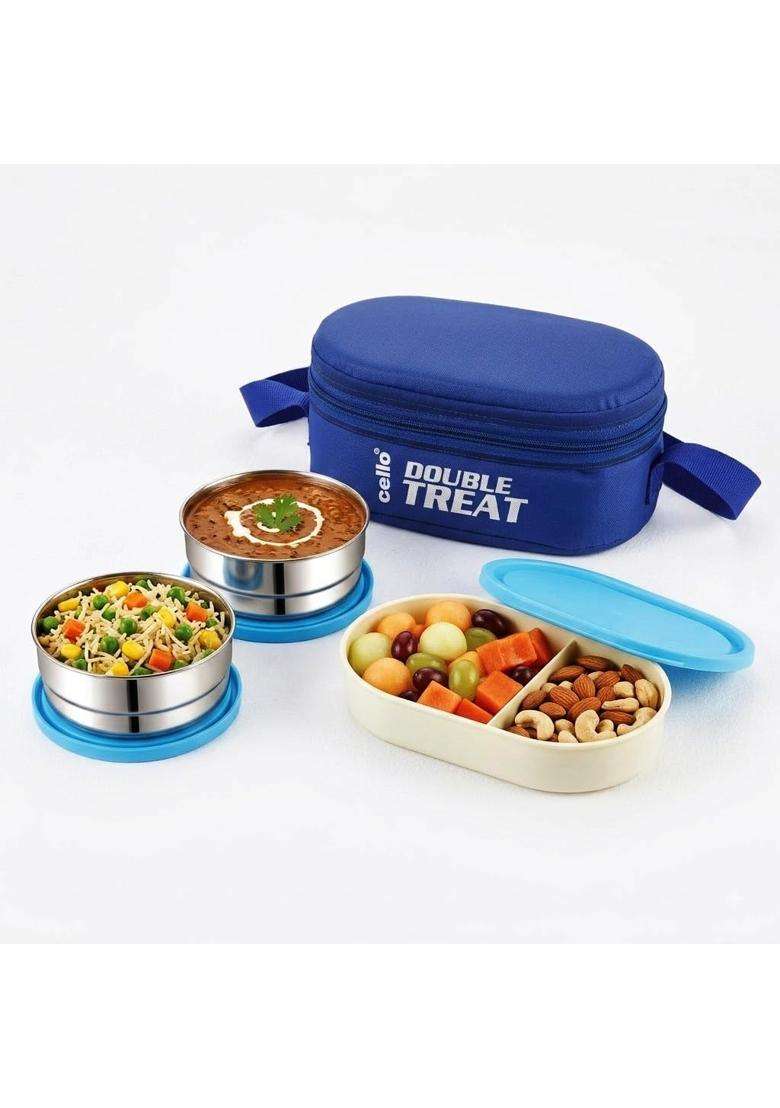 CELLO Double Treat Pcs Lunch Box for Office Use with Jacket Blue | 300 ml | 10.1 fl oz | 3-Piece Set | Leak Proof - Indya
