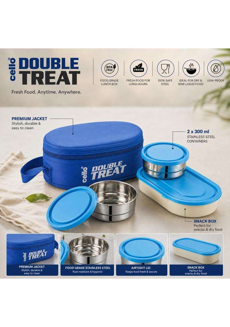 CELLO Double Treat Pcs Lunch Box for Office Use with Jacket Blue | 300 ml | 10.1 fl oz | 3-Piece Set | Leak Proof - Indya