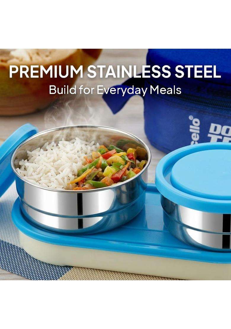 CELLO Double Treat Pcs Lunch Box for Office Use with Jacket Blue | 300 ml | 10.1 fl oz | 3-Piece Set | Leak Proof - Indya