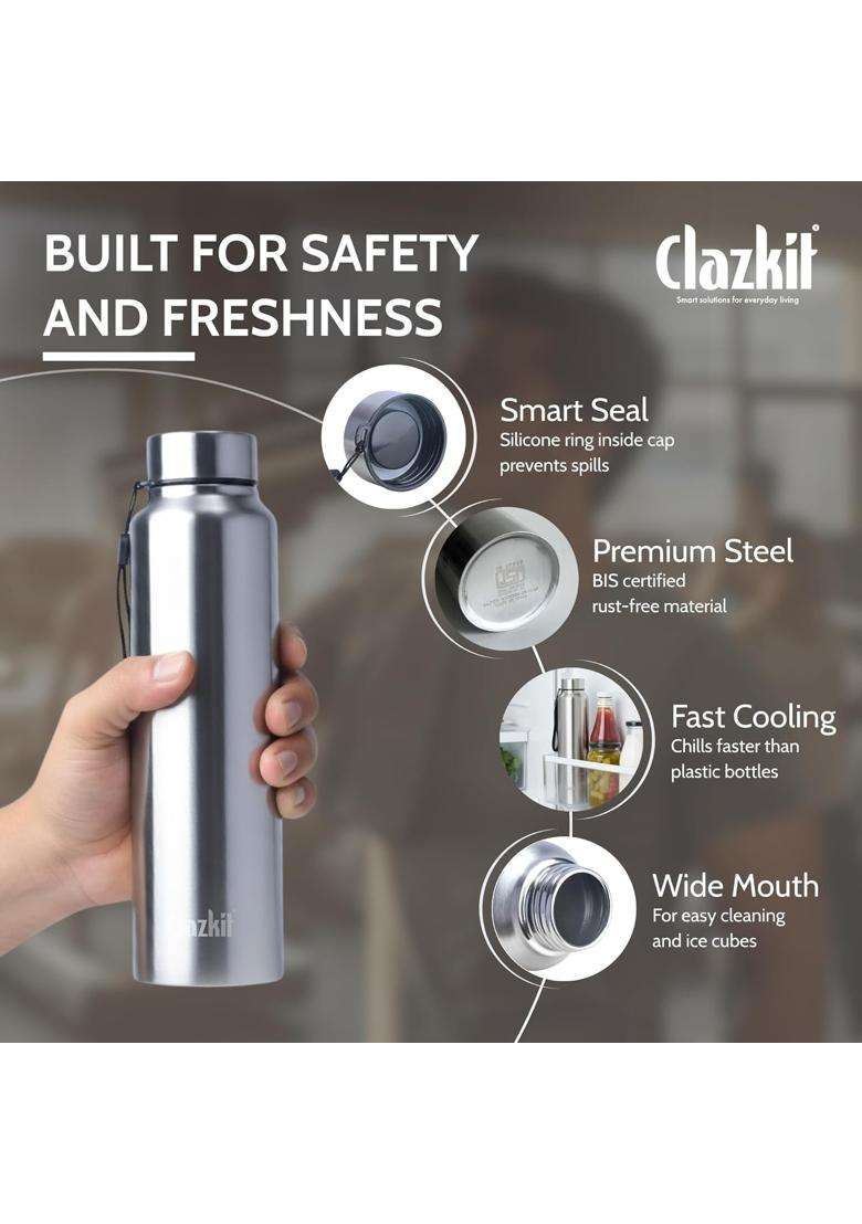 Clazkit Water Bottle Stainless Steel Sports Fridge Bottle with Leak Proof Lid | 1000 ml | 33.8 fl oz | BPA Free - Indya