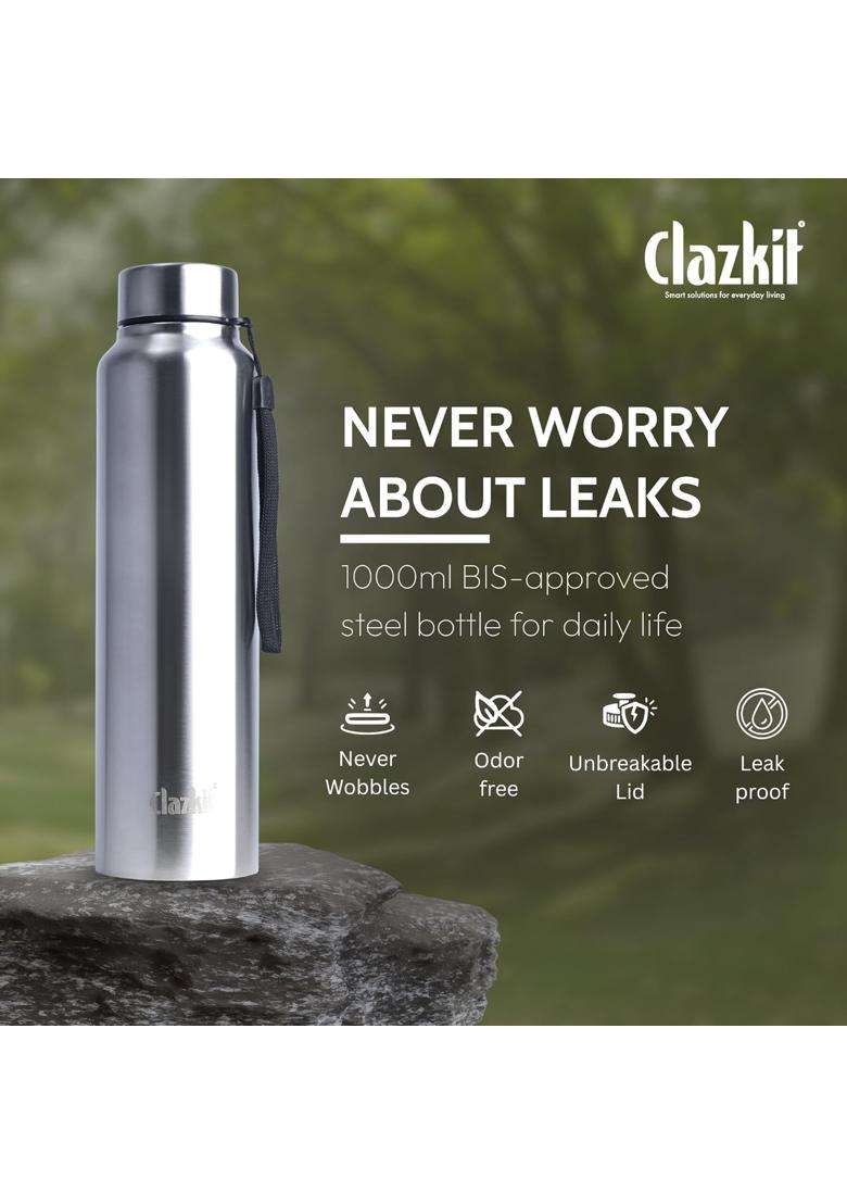 Clazkit Water Bottle Stainless Steel Sports Fridge Bottle with Leak Proof Lid | 1000 ml | 33.8 fl oz | BPA Free - Indya