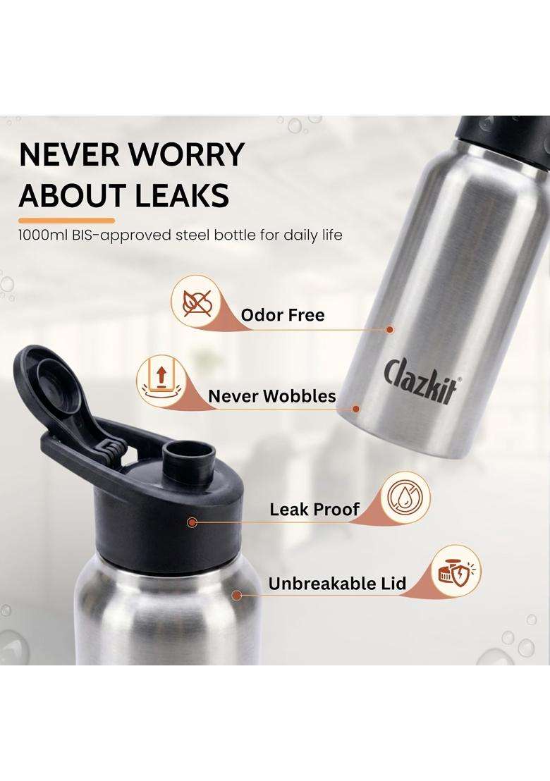 Clazkit Sporty Stainless Steel Water Bottle | 500 ml | 16.9 fl oz | BPA Free | Leak Proof | Rust Resistant - Indya