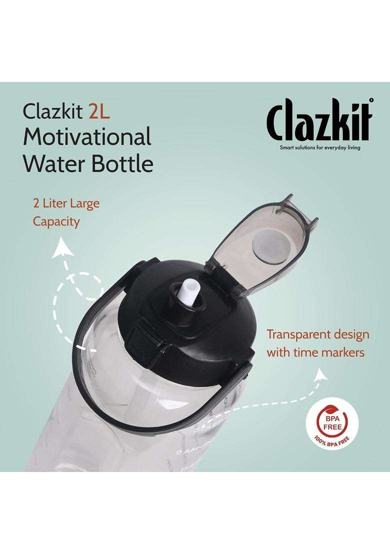 Clazkit Motivational Water Bottle with Time Marker Transparent | 2 L | 2.1 Qt | BPA Free | Leak Proof - Indya