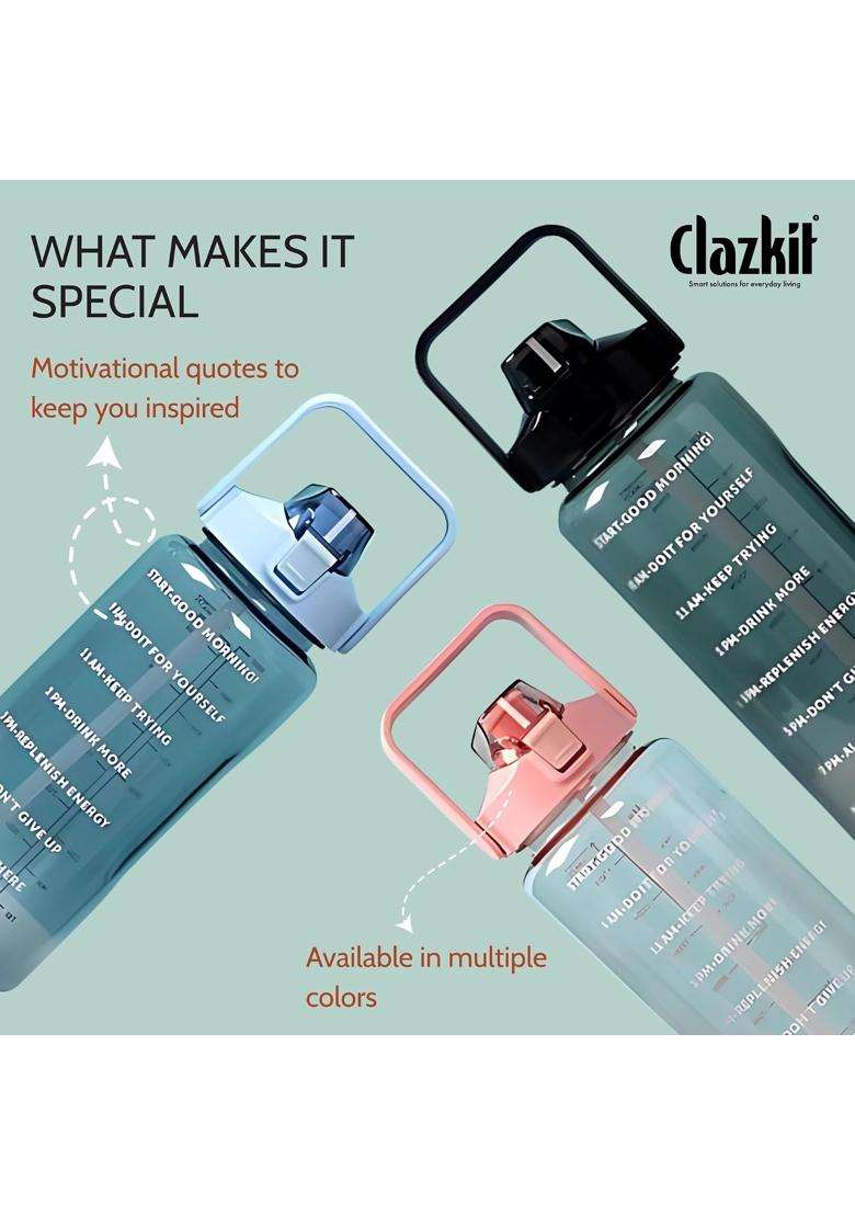 Clazkit Motivational Water Bottle with Time Marker Transparent | 2 L | 2.1 Qt | BPA Free | Leak Proof - Indya
