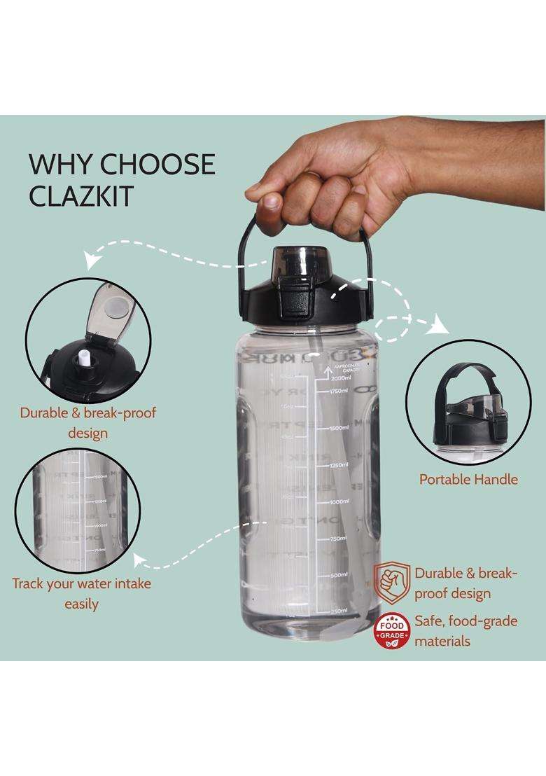 Clazkit Motivational Water Bottle with Time Marker Transparent | 2 L | 2.1 Qt | BPA Free | Leak Proof - Indya
