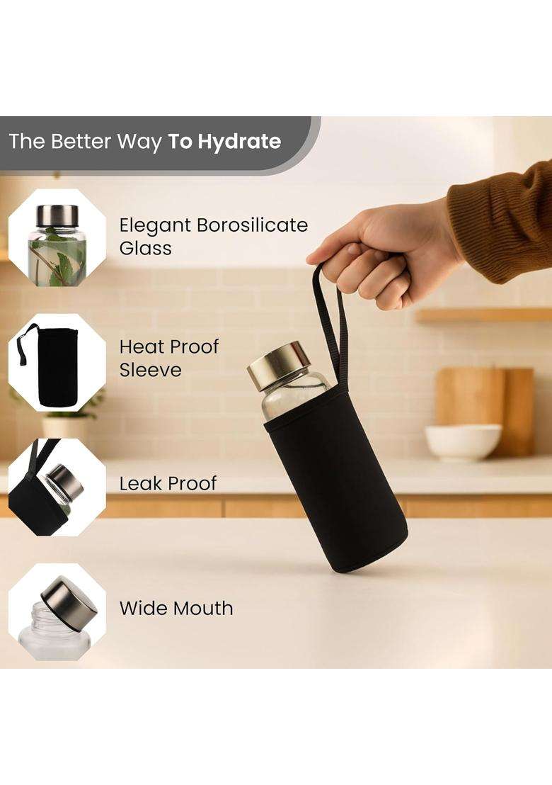 Solimo Amazon Brand Solimo Borosilicate Glass Fridge Water Bottle | 500 ml | 16.9 fl oz | Non-Toxic | Leak Proof - Indya