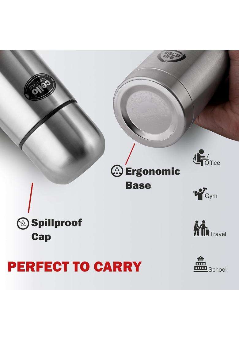 CELLO Flipstyle Insulated Stainless Steel Flask Silver | 1000 ml | 33.8 fl oz - Indya