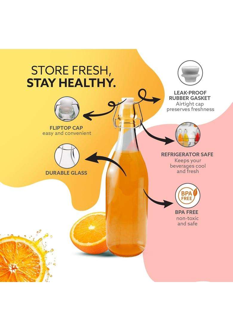 AGARO Elegant Flip Top Glass Bottle Transparent | 1 L | 1.1 Qt | Leak Proof - Indya