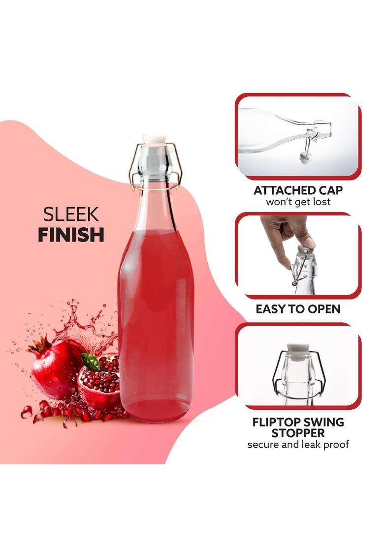 AGARO Elegant Flip Top Glass Bottle Transparent | 1 L | 1.1 Qt | Leak Proof - Indya