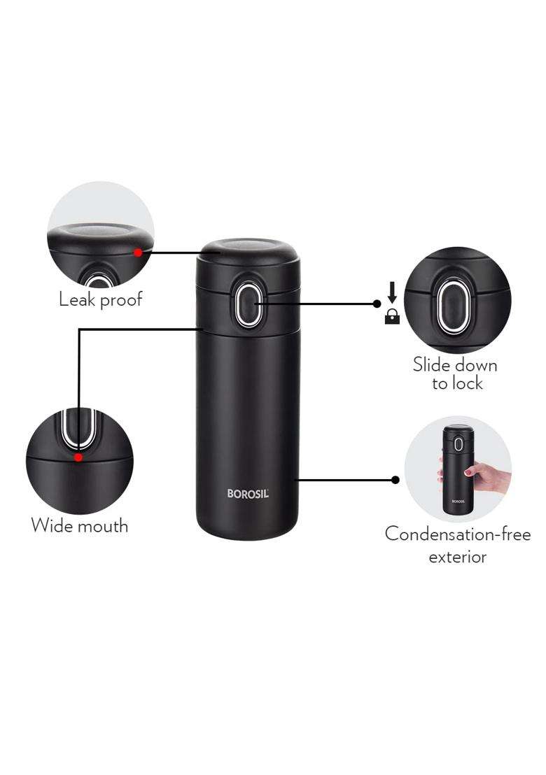 Borosil Traveller Stainless Steel Water Bottle | 300 ml | 10.1 fl oz | BPA Free | Leak Proof | Insulated - Indya