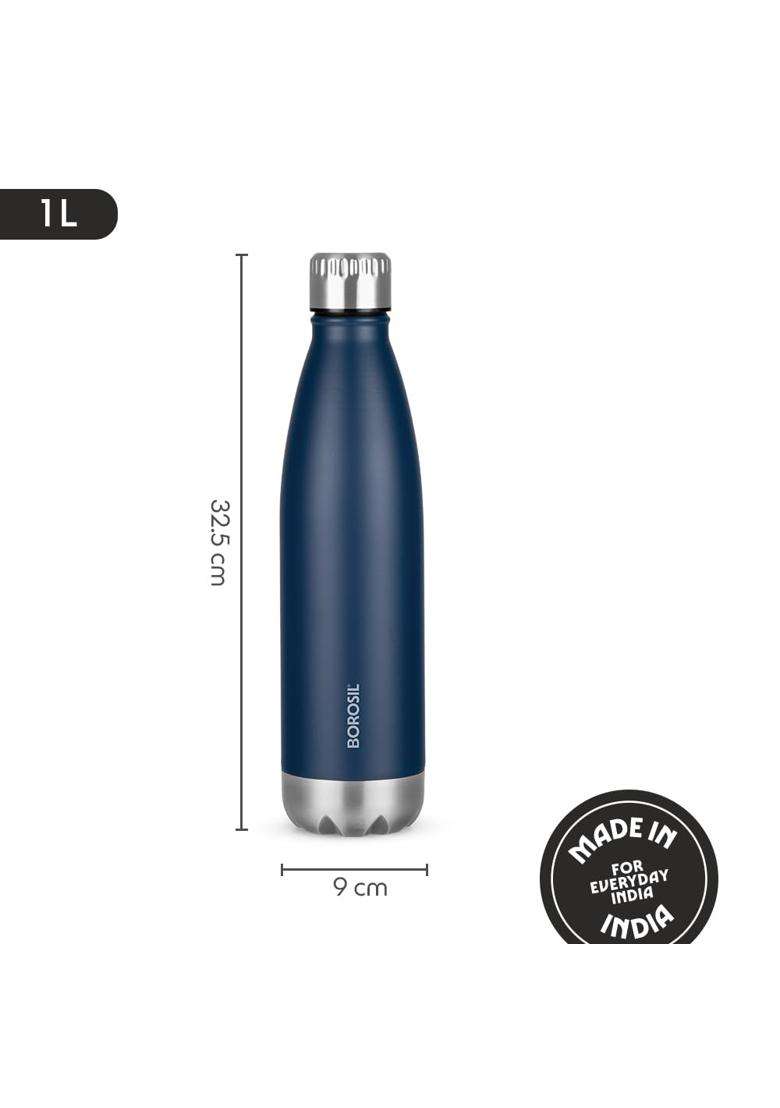 Borosil Hydra Bolt Matte Blue Stainless Steel Water Bottle | 1 L | 1.1 Qt | Insulated - Indya