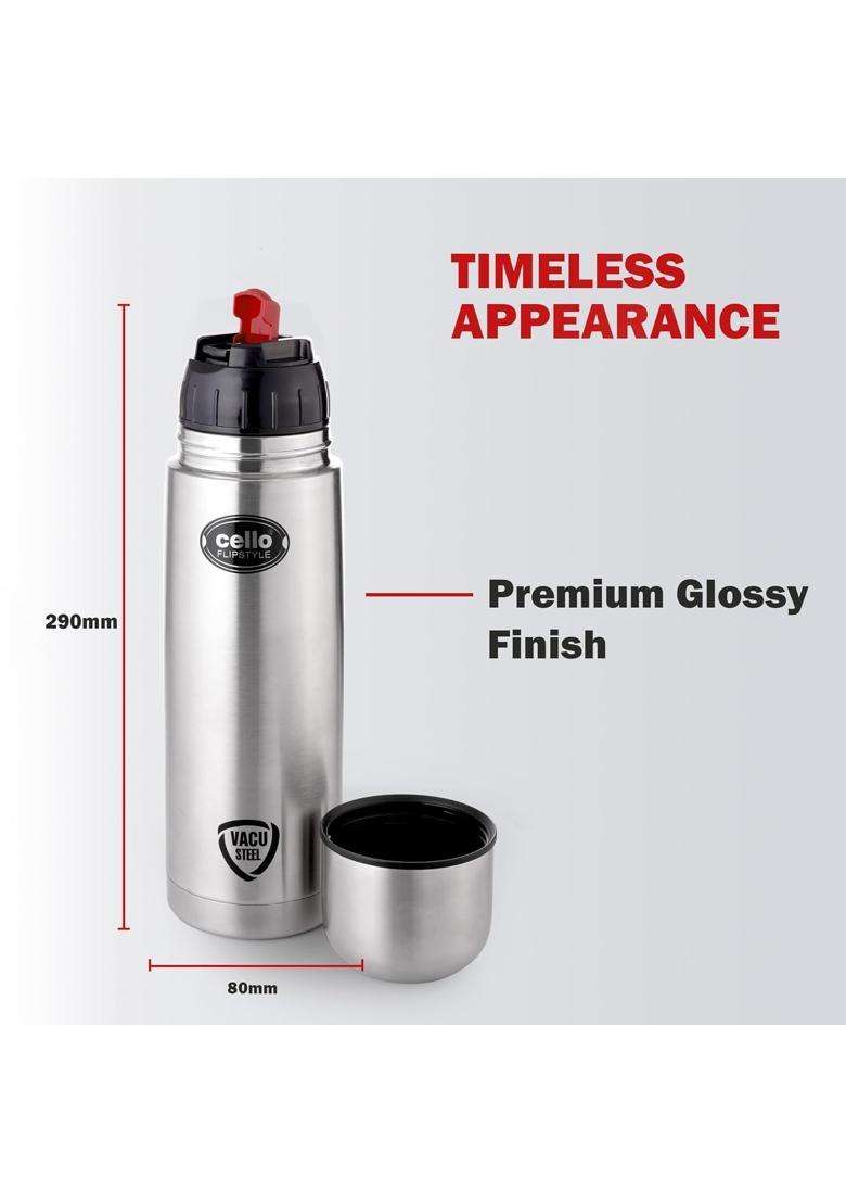 CELLO Flipstyle Stainless Steel Hot and Cold Water Bottle Silver | 1000 ml | 33.8 fl oz | Leak Proof | Insulated - Indya