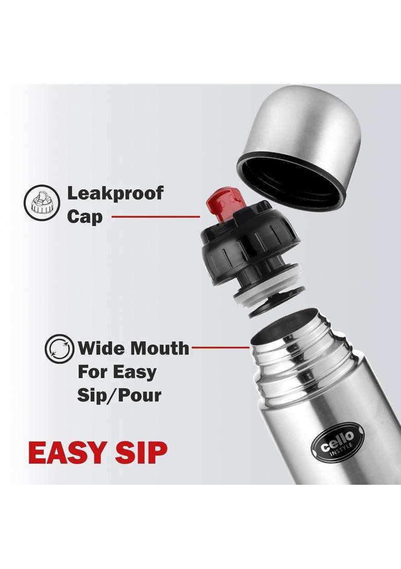 CELLO Flipstyle Stainless Steel Hot and Cold Water Bottle Silver | 1000 ml | 33.8 fl oz | Leak Proof | Insulated - Indya