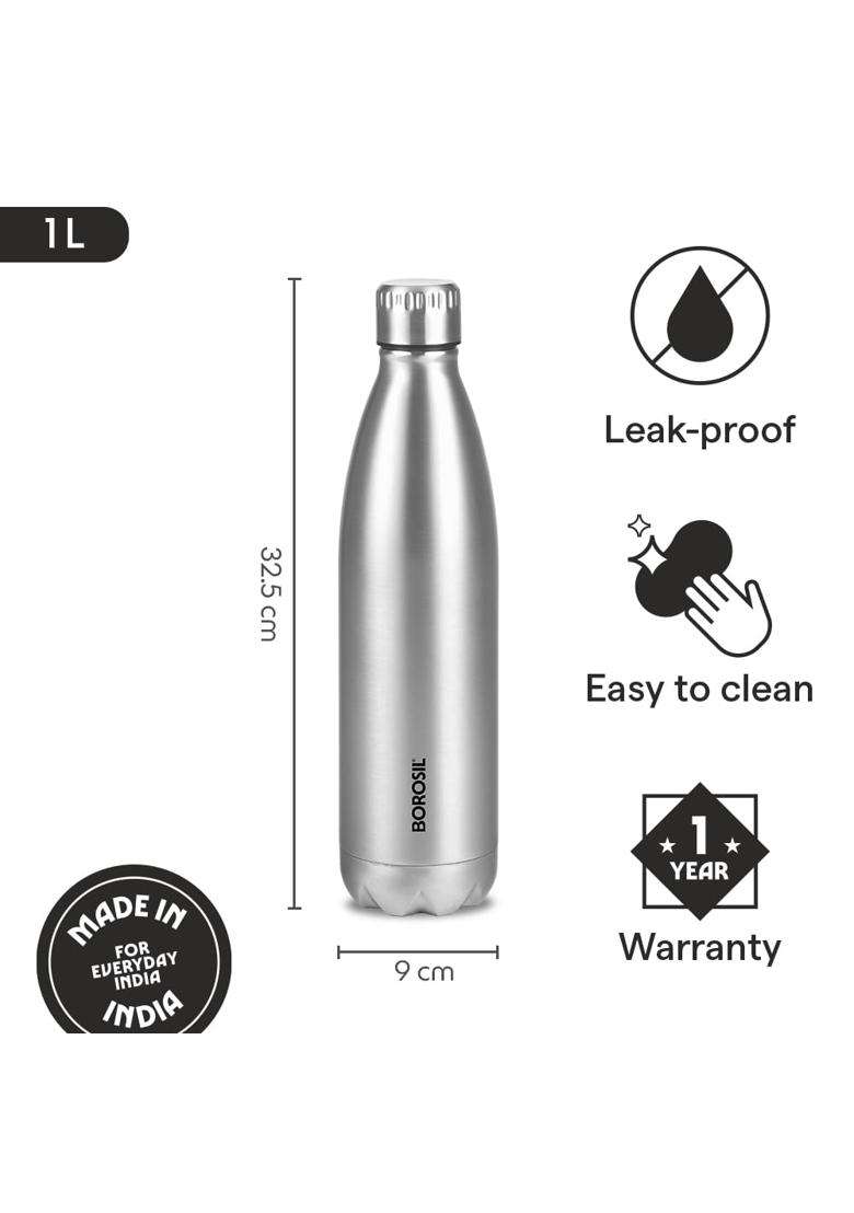 Borosil Hydra Bolt Stainless Steel Water Bottle | 1000 ml | 33.8 fl oz | Insulated - Indya