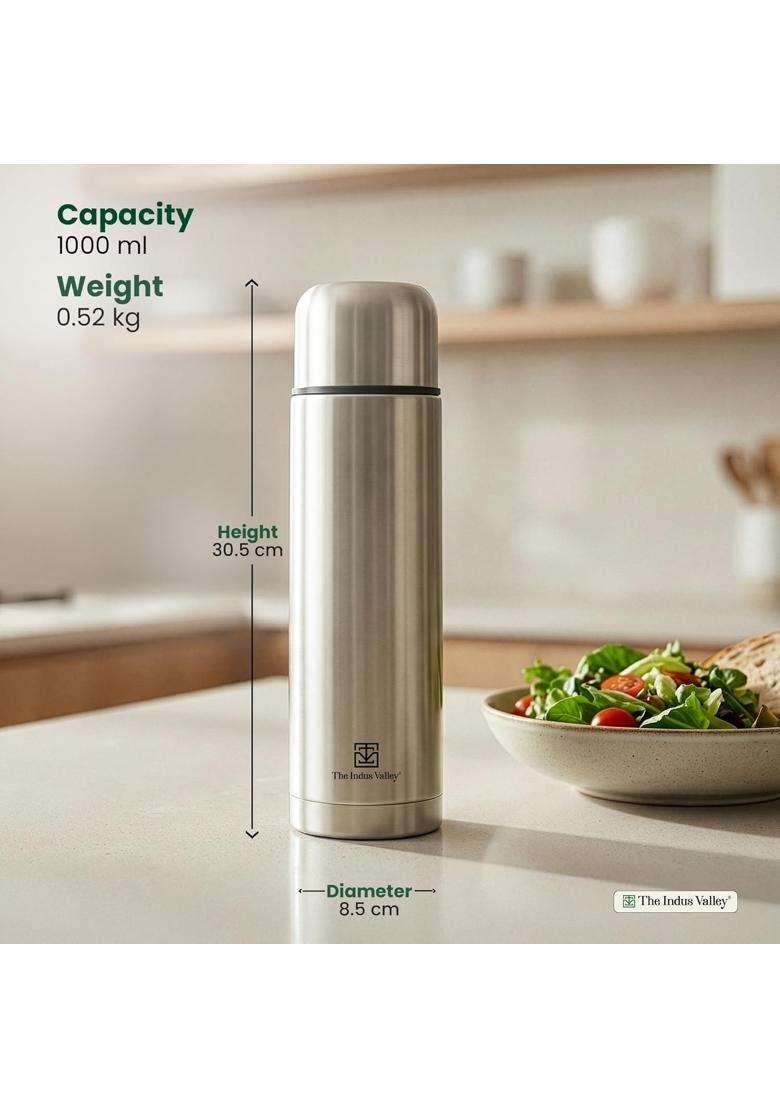 The Indus Valley Stainless Steel Vacuum Insulated Bullet Flask with Flip Lid | 1 L | 1.1 Qt | Leak Proof | Rust Resistant - Indya