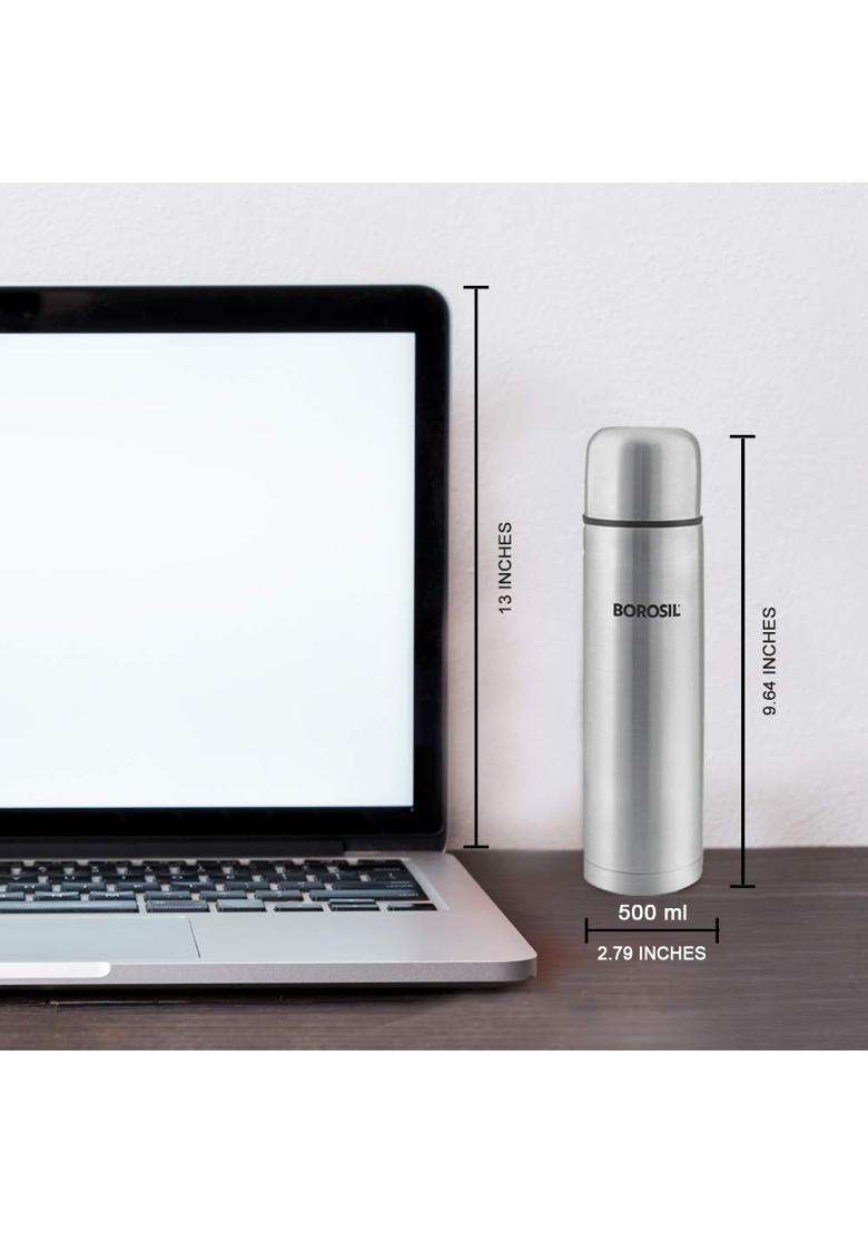 Borosil Stainless Steel Hydra Thermo Vacuum Insulated Flask Water Bottle | 500 ml | 16.9 fl oz - Indya