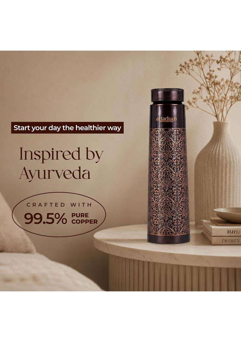 Artarium Antique Floral Design Glossy Finish Ayurveda Inspired Copper Water Bottle Leak | 1 L | 1.1 Qt - Indya