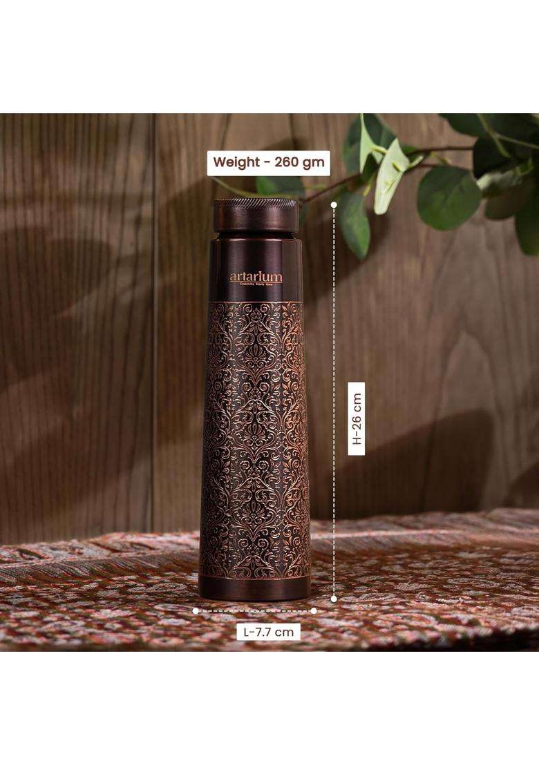 Artarium Antique Floral Design Glossy Finish Ayurveda Inspired Copper Water Bottle Leak | 1 L | 1.1 Qt - Indya