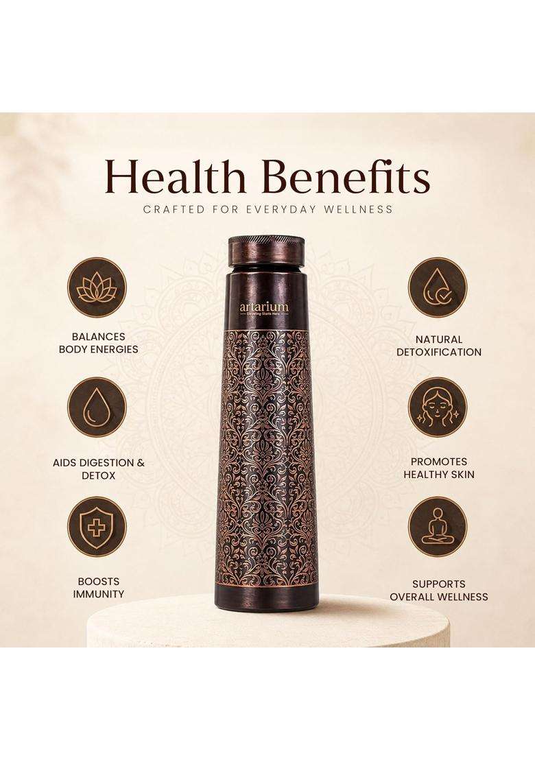Artarium Antique Floral Design Glossy Finish Ayurveda Inspired Copper Water Bottle Leak | 1 L | 1.1 Qt - Indya
