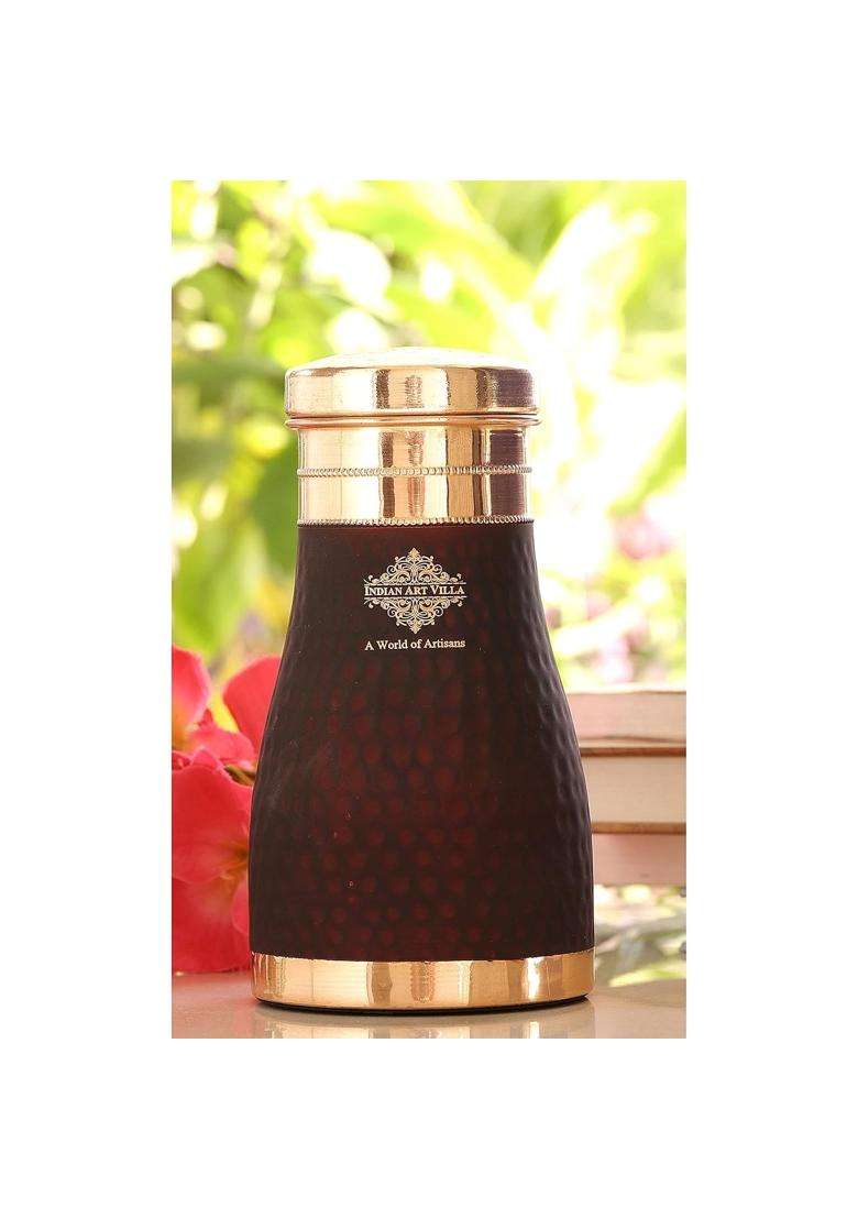 INDIAN ART VILLA Copper Bedroom Water Bottle with Inbuilt Glass | 1000 ml | 33.8 fl oz | Pack of 2 | Hammered Finish - Indya