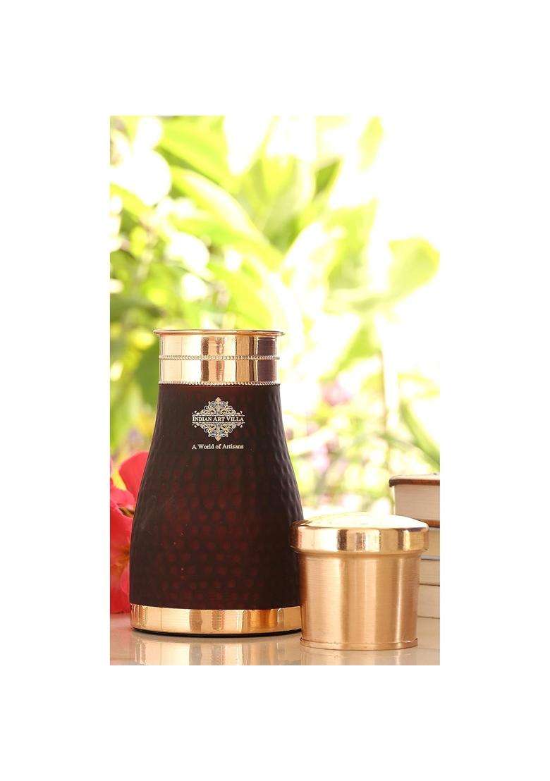INDIAN ART VILLA Copper Bedroom Water Bottle with Inbuilt Glass | 1000 ml | 33.8 fl oz | Pack of 2 | Hammered Finish - Indya